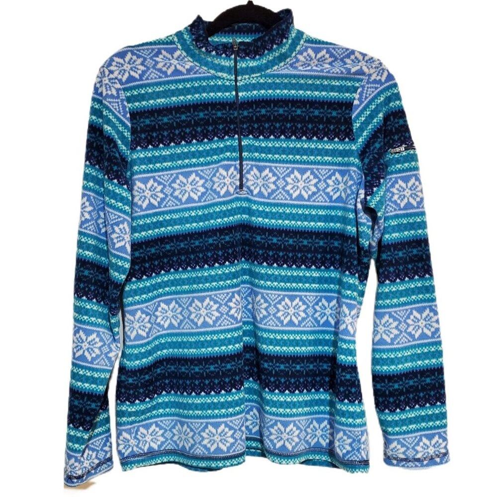 LL Bean Pullover 3/4‎ Zip Active Fleece Winter Snow Pattern Women's Size Medium